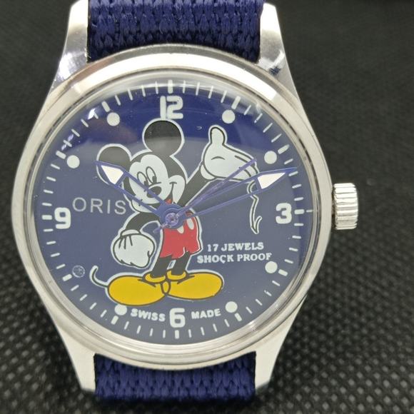 Vintage 1986 Oris Disney Manual Mens Silver Watch W/Cloth Strap & Mickey accents - Picture 4 of 8